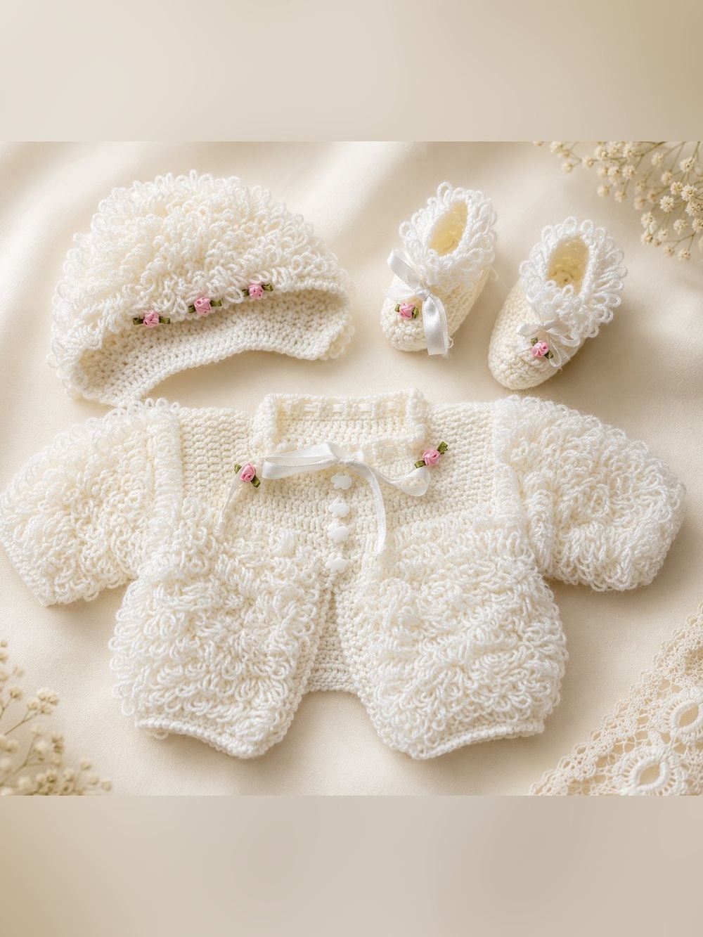 Handmade white Crochet Baby Set with Pink Rose Accents